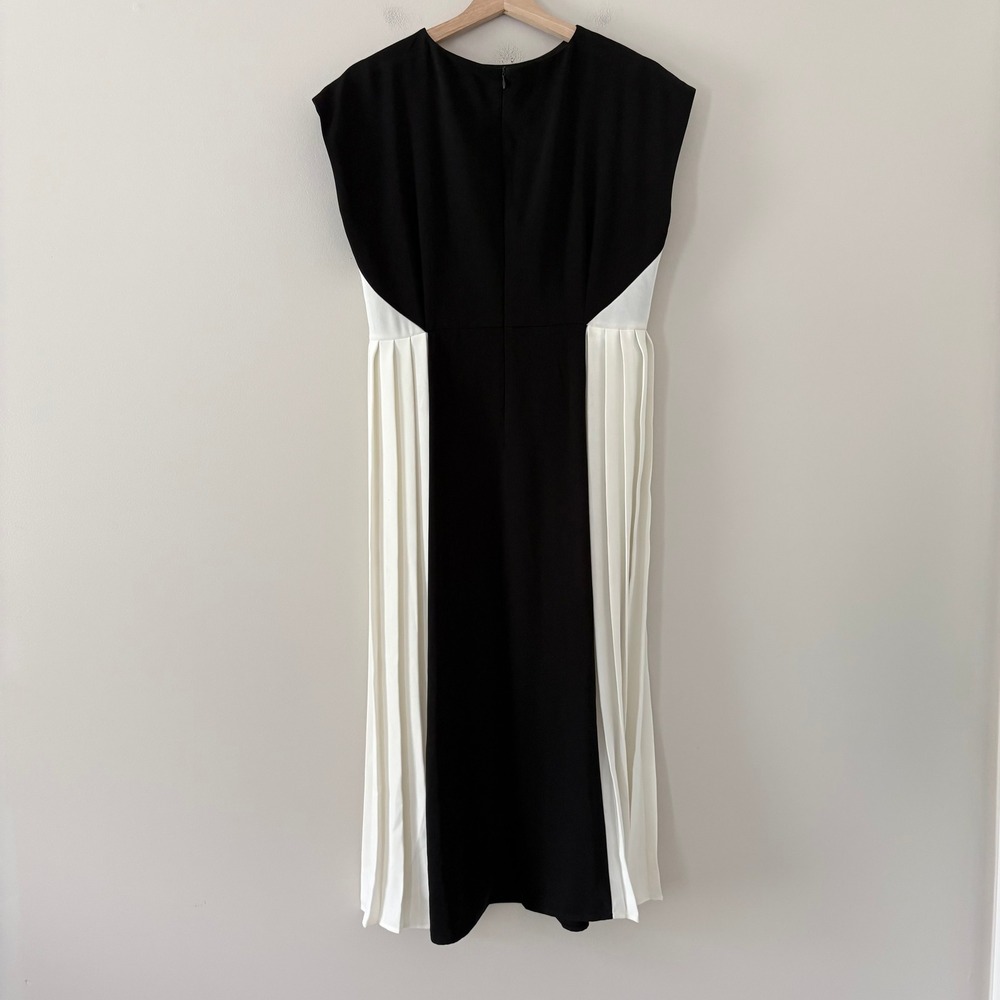 Karen Millen Dress Petite Contrast Pleated Panel Skirt Midi 8 Black Ivory Mono - Picture 6 of 16